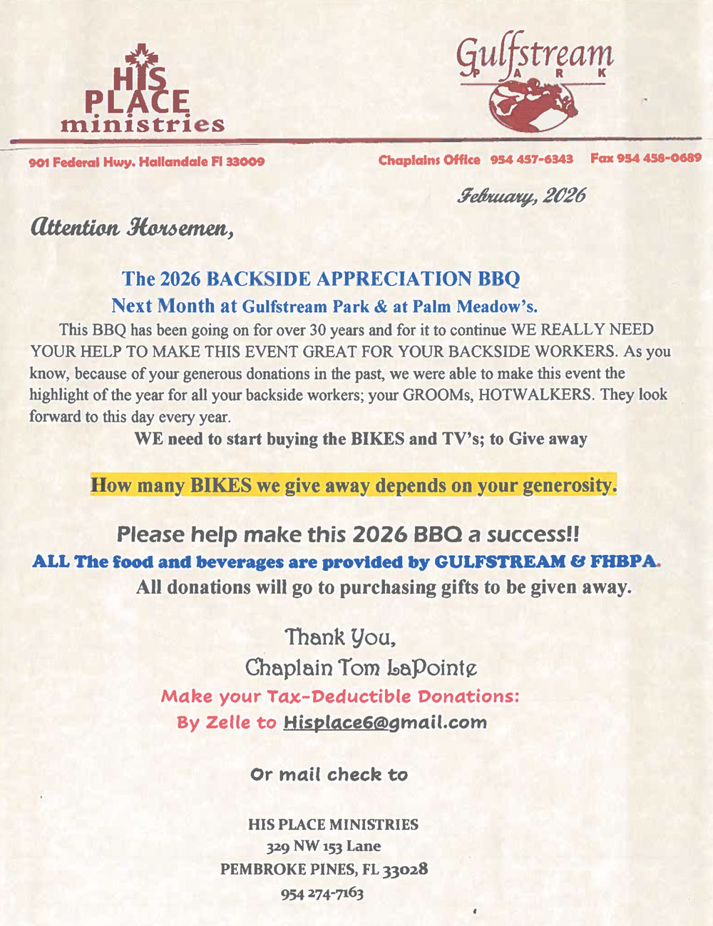 Backside Appreciation 2026 Donation Request